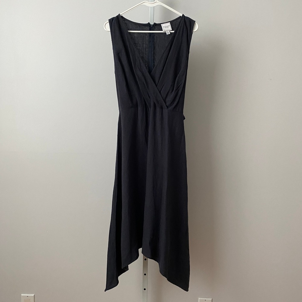 Royalty New York M Black Linen Blend Surplice Handkerchief Hem Midi Dress Boho